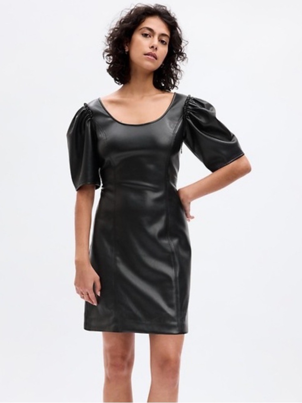 GAP Black Faux Leather Puff Sleeve Dress